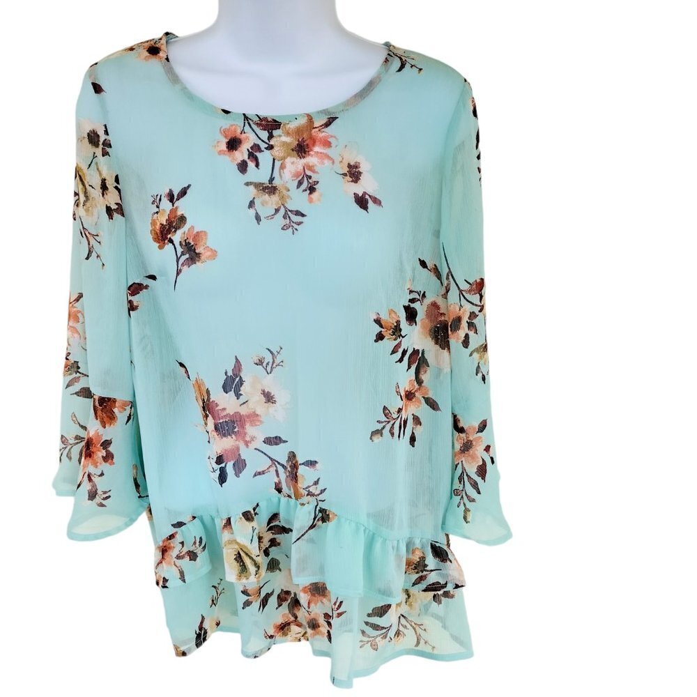 (339)AGB Green Florals Printed Sheer Blouse Size S